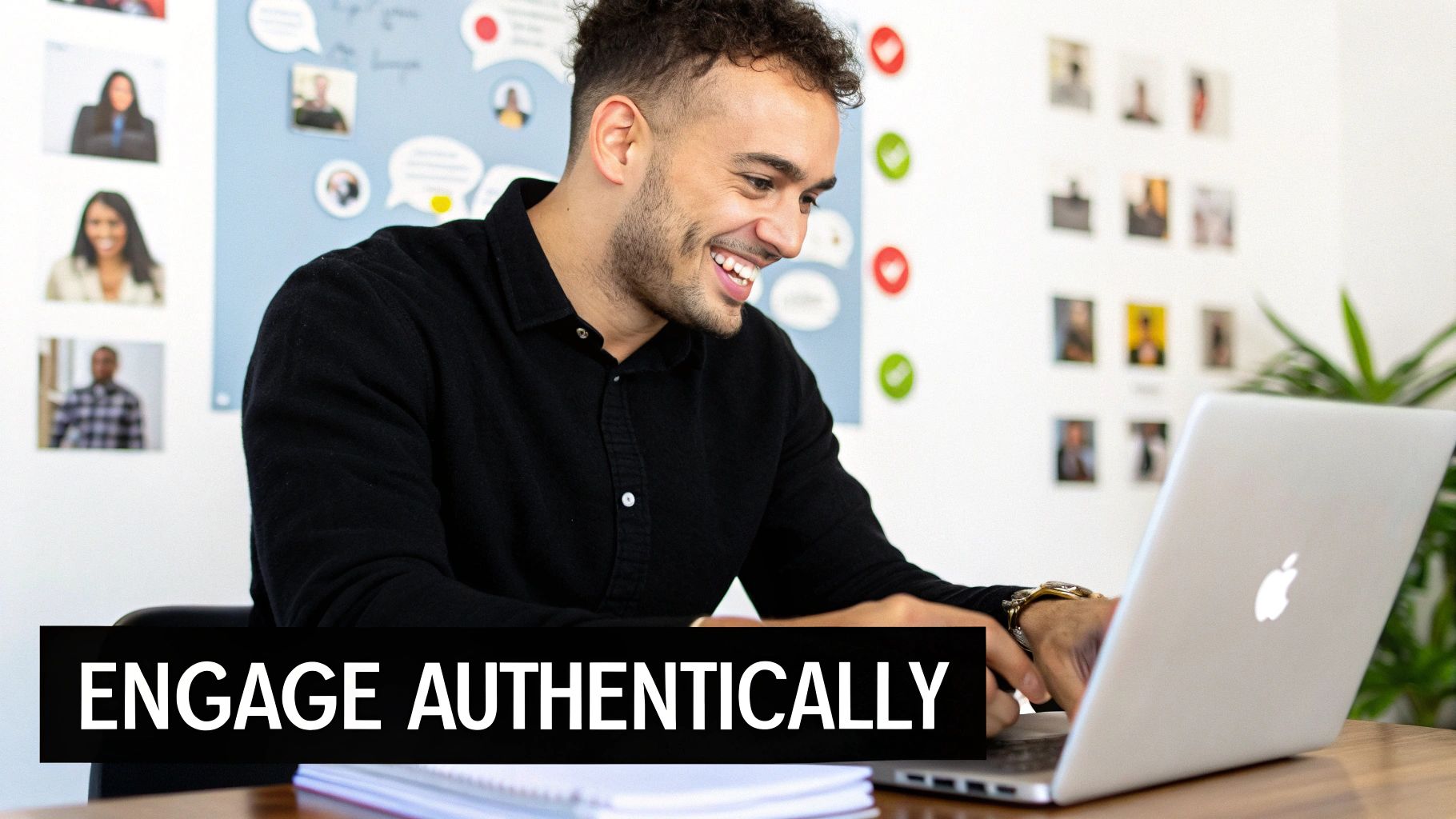 A happy man smiles while working on his laptop, engaging with content in a modern office setting.