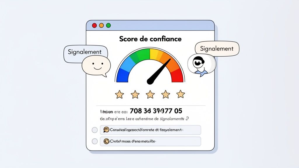 Illustration d'un score de confiance pour un numéro de téléphone, avec des signalements et une jauge.