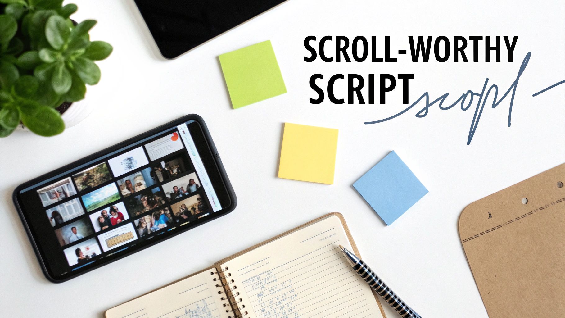 Overhead shot of a workspace featuring a phone displaying multiple images, a notebook, pen, plant, and colorful sticky notes on a white desk.