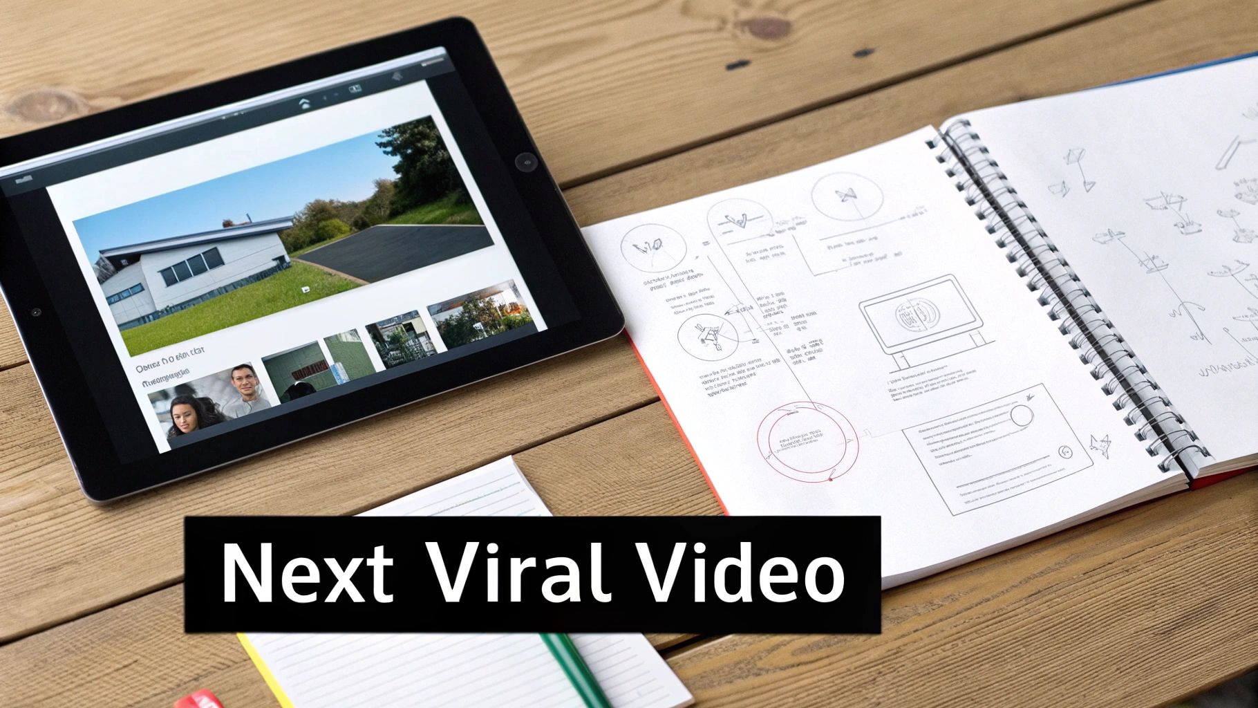 A tablet, open notebook with diagrams, and a 'Next Viral Video' text overlay on a wooden desk.