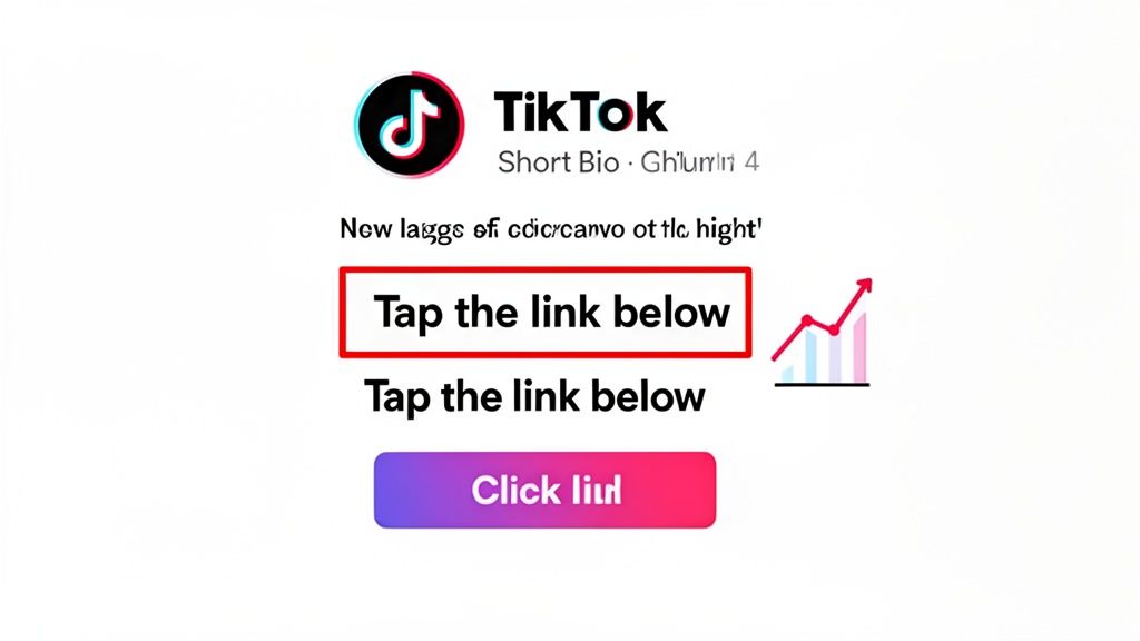 A TikTok profile screenshot displaying instructions to 'Tap the link below' and a 'Click link' button, with a growth chart icon.