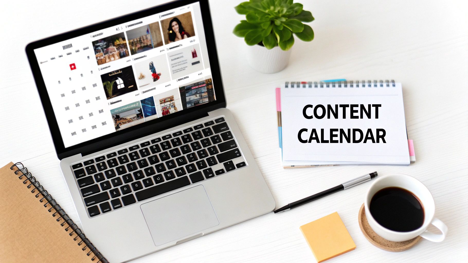 Overhead view of a white desk with a laptop, a content calendar notebook, coffee, and a green plant.