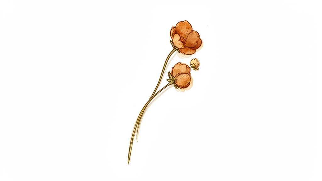 A minimalist watercolor illustration features two orange flowers and a bud on delicate stems, casting shadows.