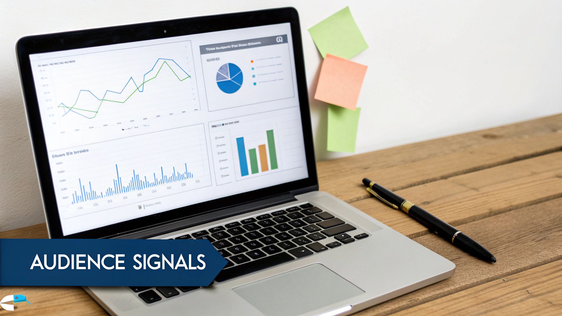 A laptop screen displaying various data analysis charts and graphs on a wooden desk with a pen and sticky notes.