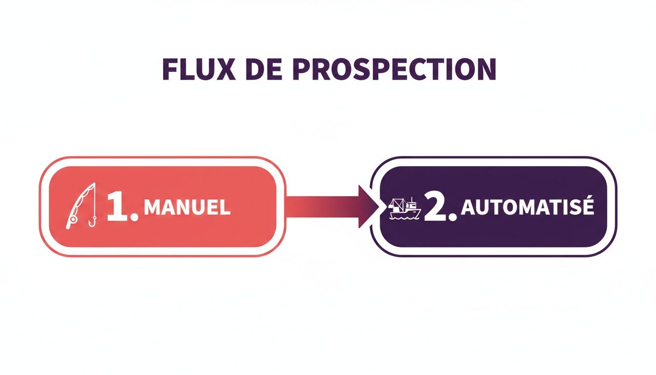 Flux de prospection illustrant la transition du processus manuel (canne à pêche) à l'automatisé (bateau de pêche).