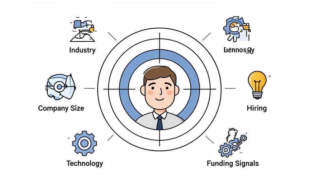 Diagramme cible avec un homme entouré de facteurs professionnels: industrie, taille d'entreprise, technologie, signaux de financement, embauche, et Lennosgy.