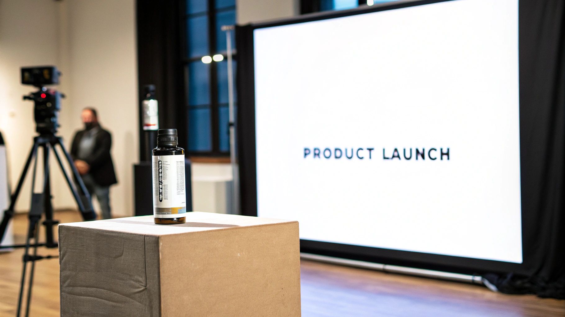 A product bottle on a box at a launch event with a screen displaying 'PRODUCT LAUNCH'.