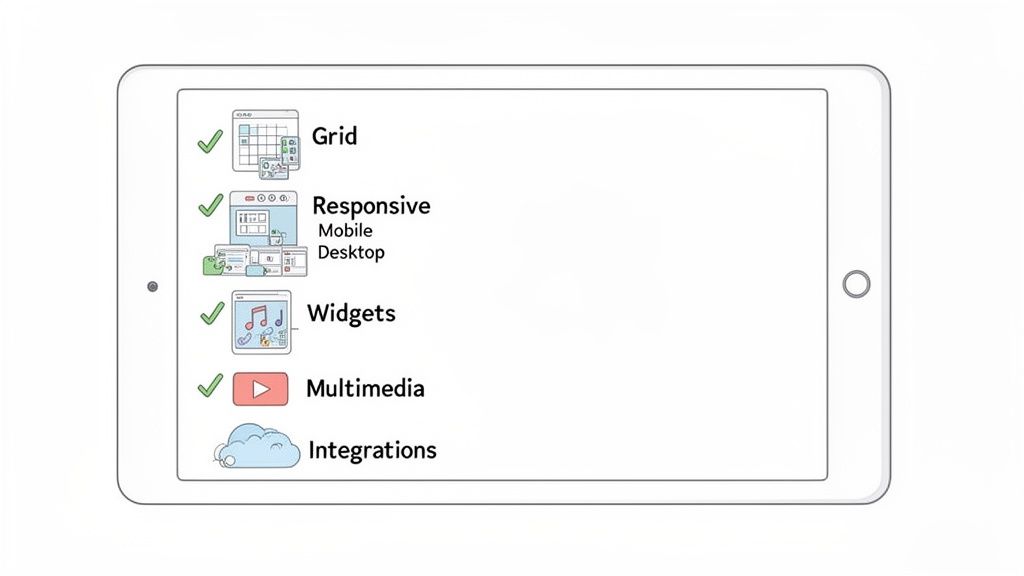 A tablet displays a list of digital platform features, including Grid, Responsive, Widgets, Multimedia, and Integrations.