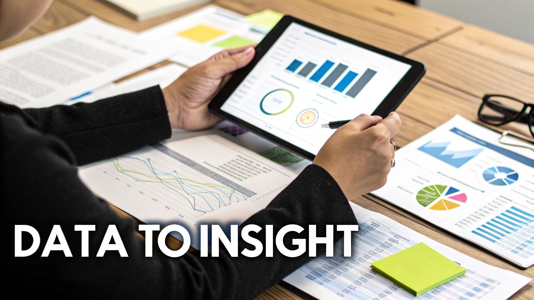 A person reviews business data and financial charts on a tablet and paper documents on a desk.