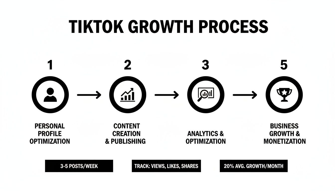 Infographic detailing the TikTok growth process, including profile optimization, content creation, analytics, and business monetization steps.