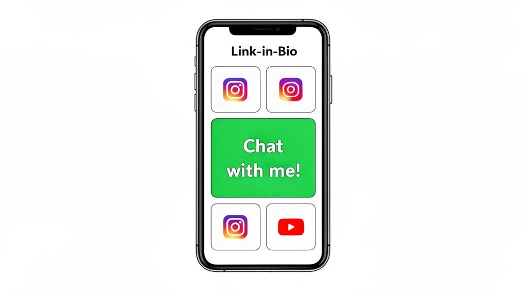 A smartphone screen showing a "Link-in-Bio" page with Instagram, YouTube icons, and a "Chat with me!" button.