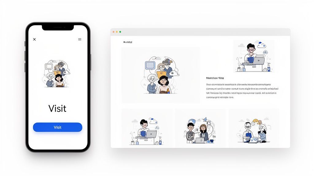 A mobile app screen with a 'Visit' button and a web page displaying business collaboration illustrations.