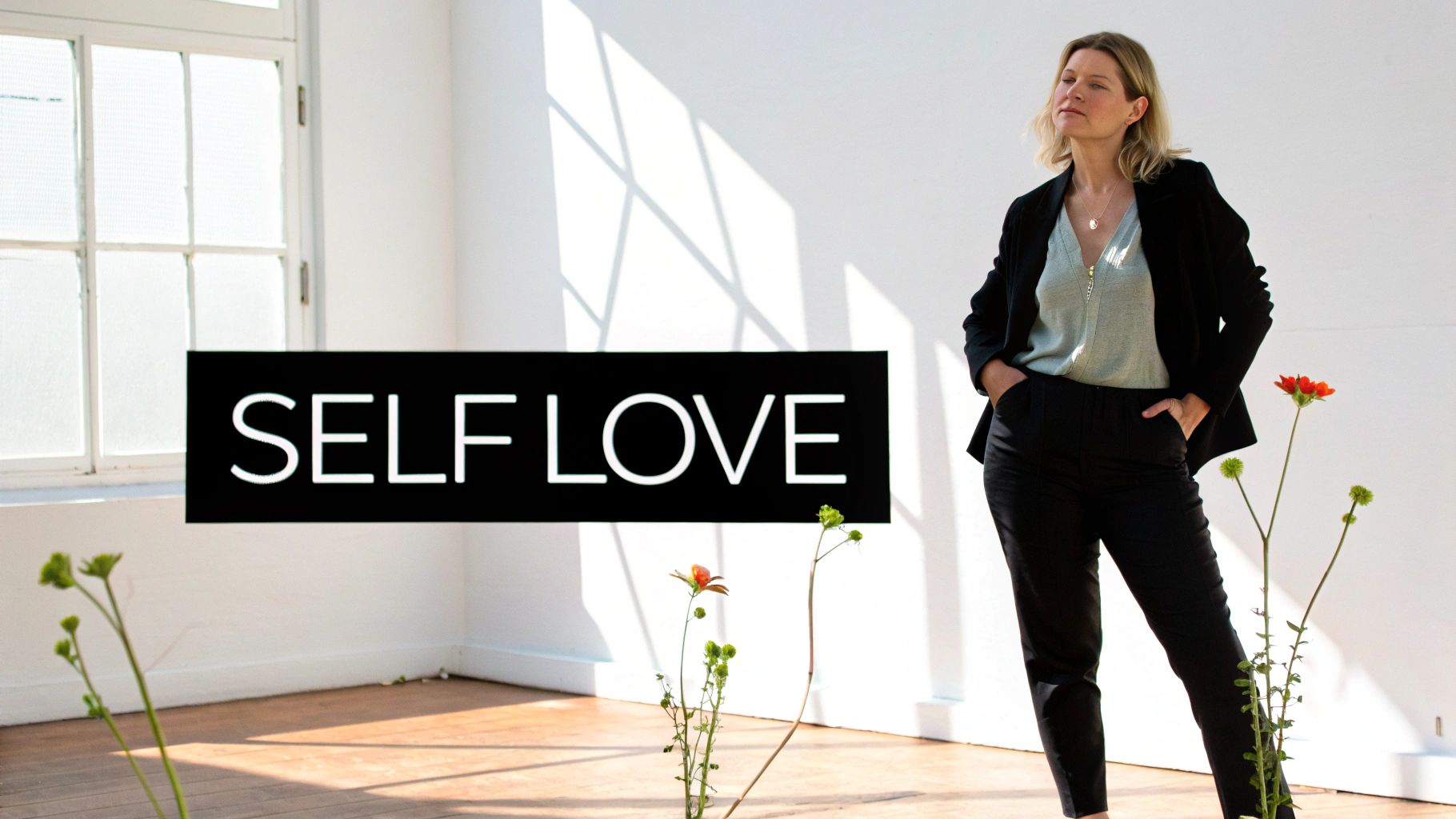 A thoughtful woman in a black blazer stands next to a "SELF LOVE" sign, illuminated by sunbeams.