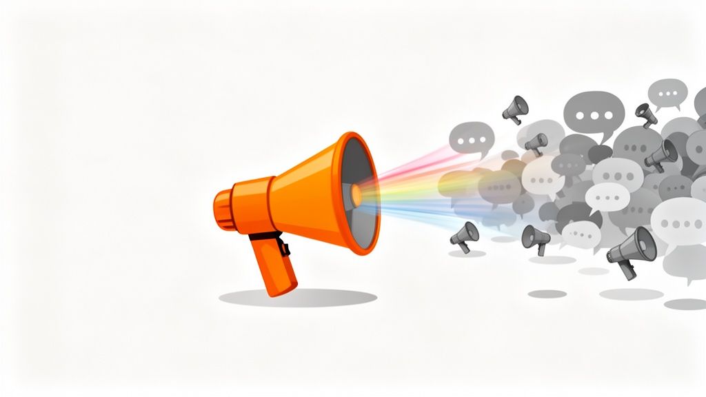 Un mégaphone orange émet des rayons colorés qui se transforment en multiples bulles de dialogue et petits mégaphones gris.