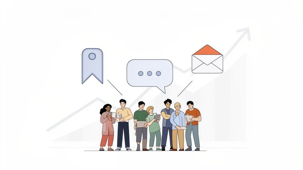 Diverse team collaborating with social media interaction icons, depicting increased engagement and communication.