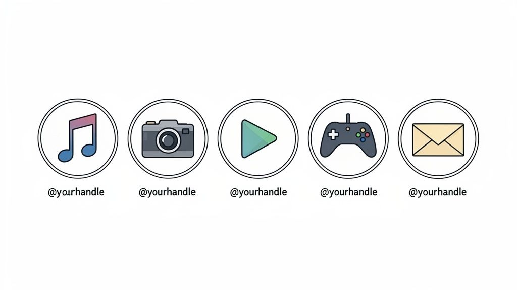 Five circular social media icons representing music, a camera, a play button, a game controller, and an envelope.