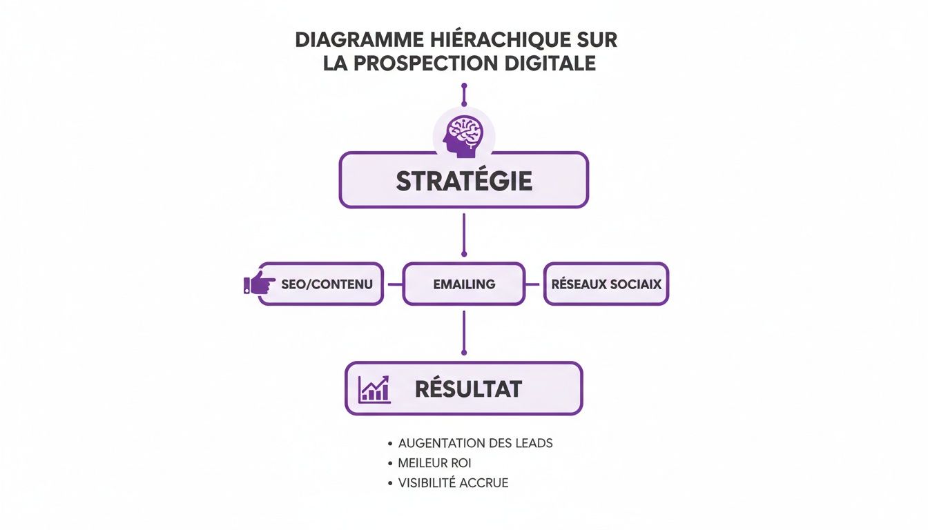 Diagramme hiérarchique illustrant la stratégie de prospection digitale avec SEO, emailing et réseaux sociaux menant à des résultats concrets.