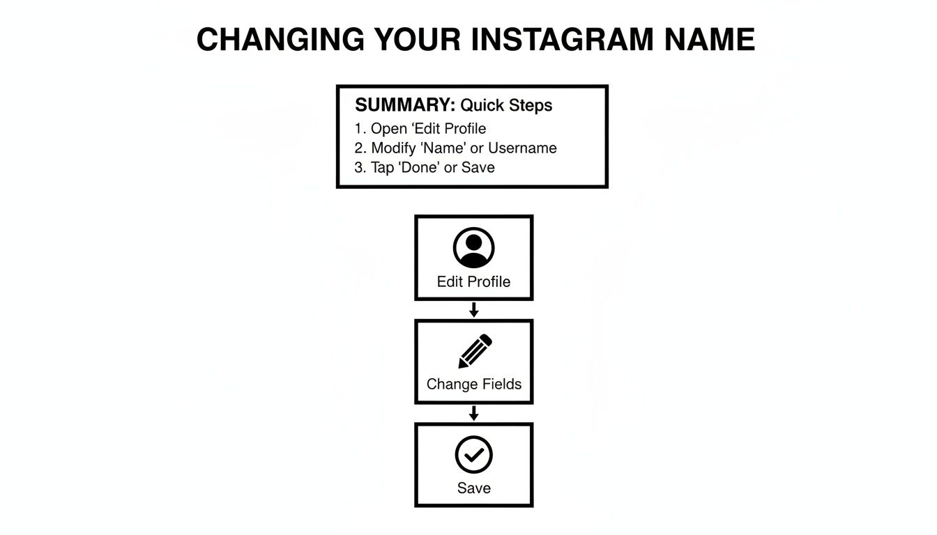A visual guide detailing three quick steps to change your Instagram name or username.