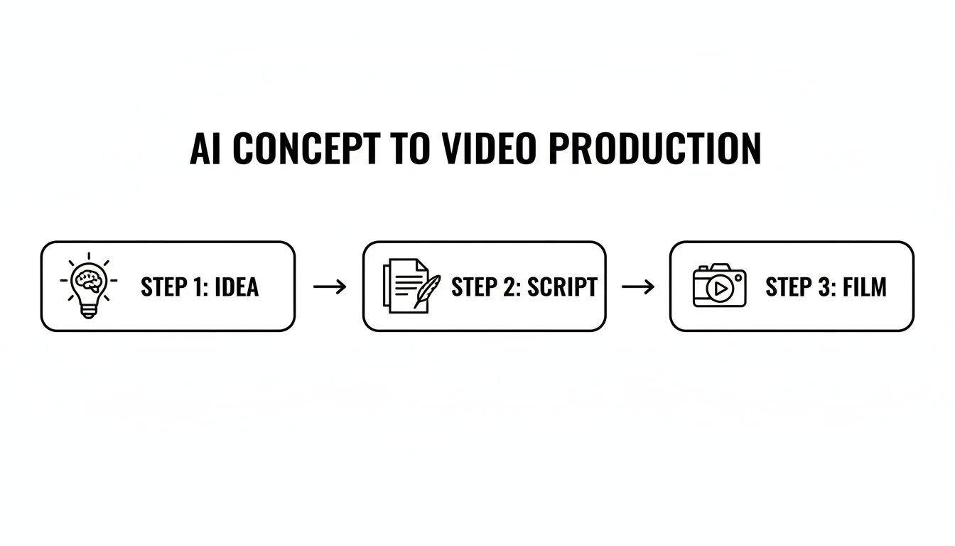 A diagram illustrating the three steps of AI concept to video production: Idea, Script, and Film.