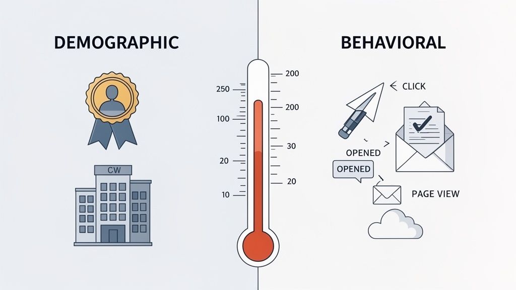 Une illustration comparant les données démographiques et comportementales avec des icônes pertinentes et un thermomètre.