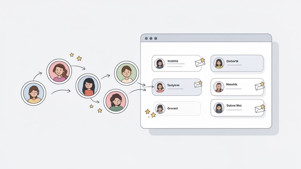 Diagramme montrant des avatars connectés par des flèches, menant à une interface d'email ou de messagerie avec contacts et messages favoris.