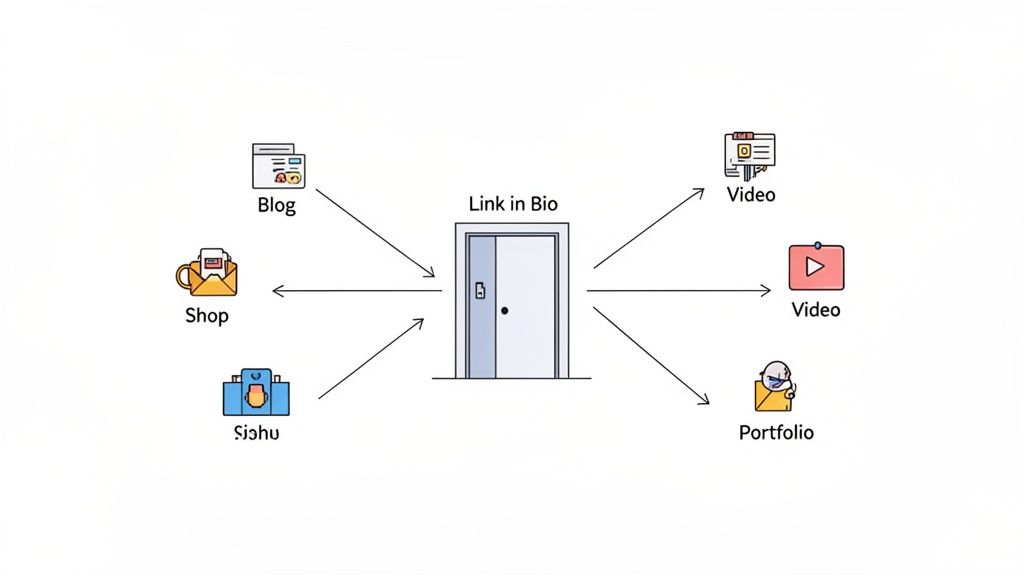 A diagram shows 'Link in Bio' as a central door connecting various online content types.