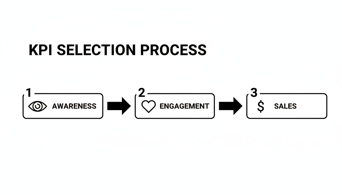 A flowchart illustrating the KPI selection process with three stages: Awareness, Engagement, and Sales.