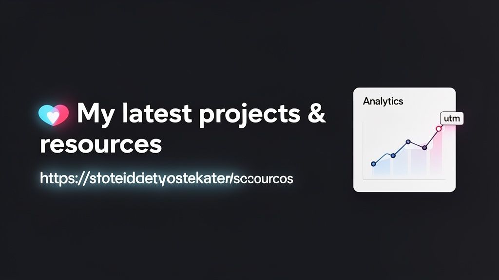 Text 'My latest projects & resources' with a heart icon and an analytics graph showing a 'utm' tag.