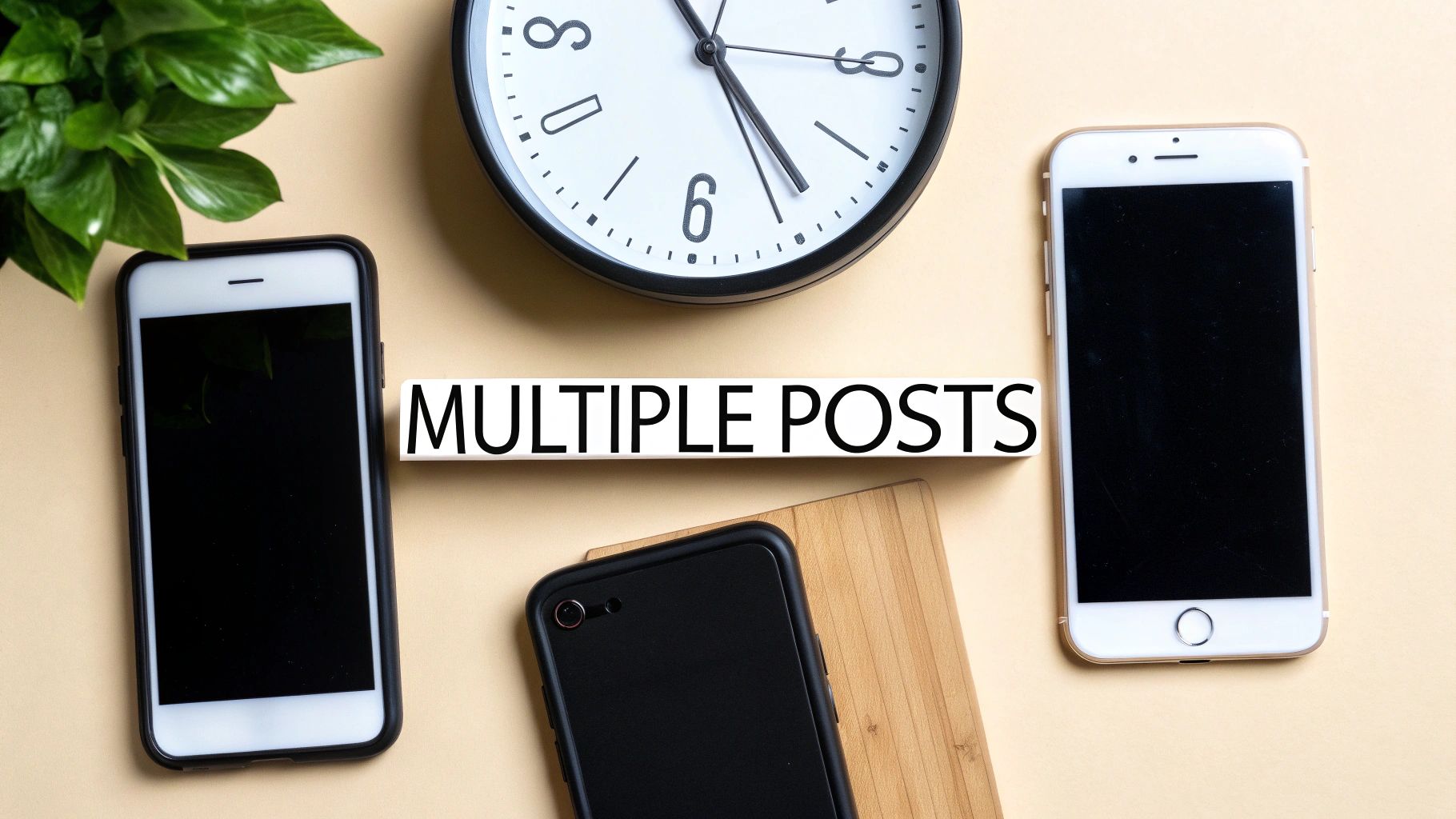 Overhead shot of a desk with three smartphones, a clock, and a sign displaying 'MULTIPLE POSTS'.