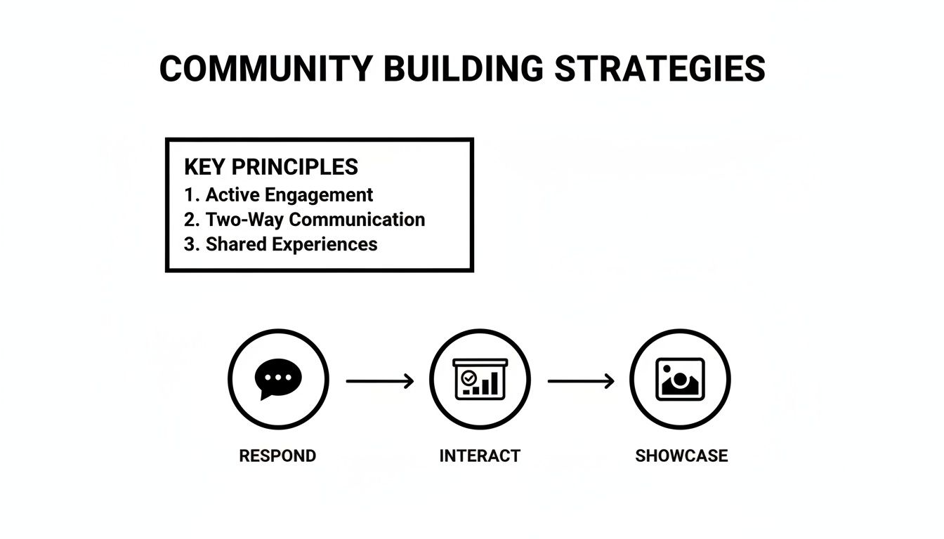 An infographic detailing community building strategies, including key principles and a three-step engagement process.