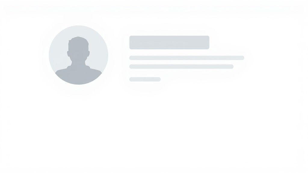 Icône de profil utilisateur générique avec une silhouette grise et des lignes de texte d'espace réservé.