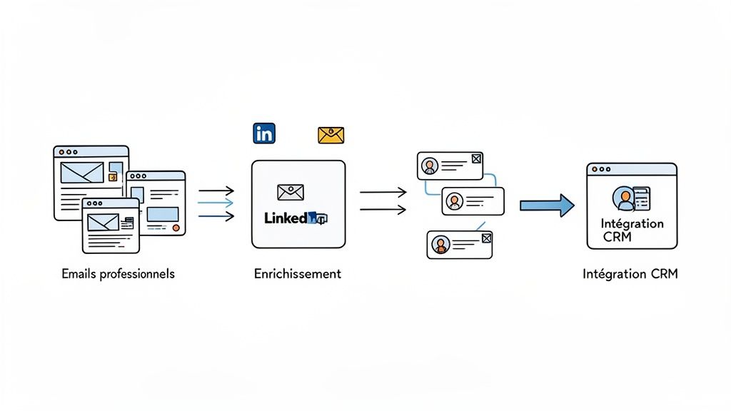 Un schéma illustrant le flux d'enrichissement d'emails professionnels via LinkedIn pour une intégration CRM.