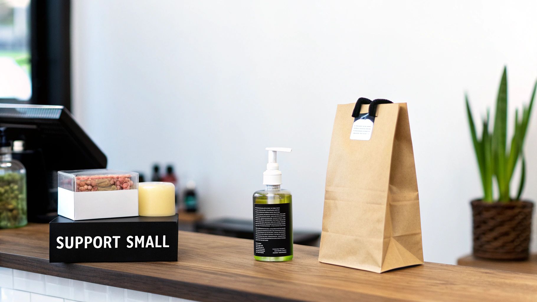 A retail store counter with a 'SUPPORT SMALL' sign, natural products, a pump bottle, and a brown shopping bag.