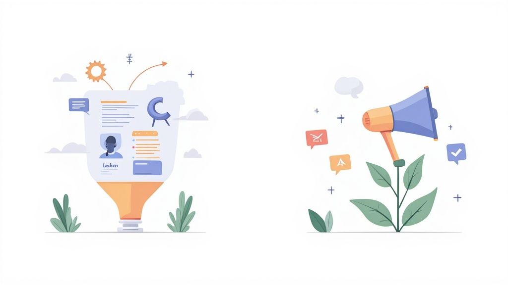 Un marketeur debout devant un tableau blanc, planifiant les stratégies de lead gen et de demand gen.