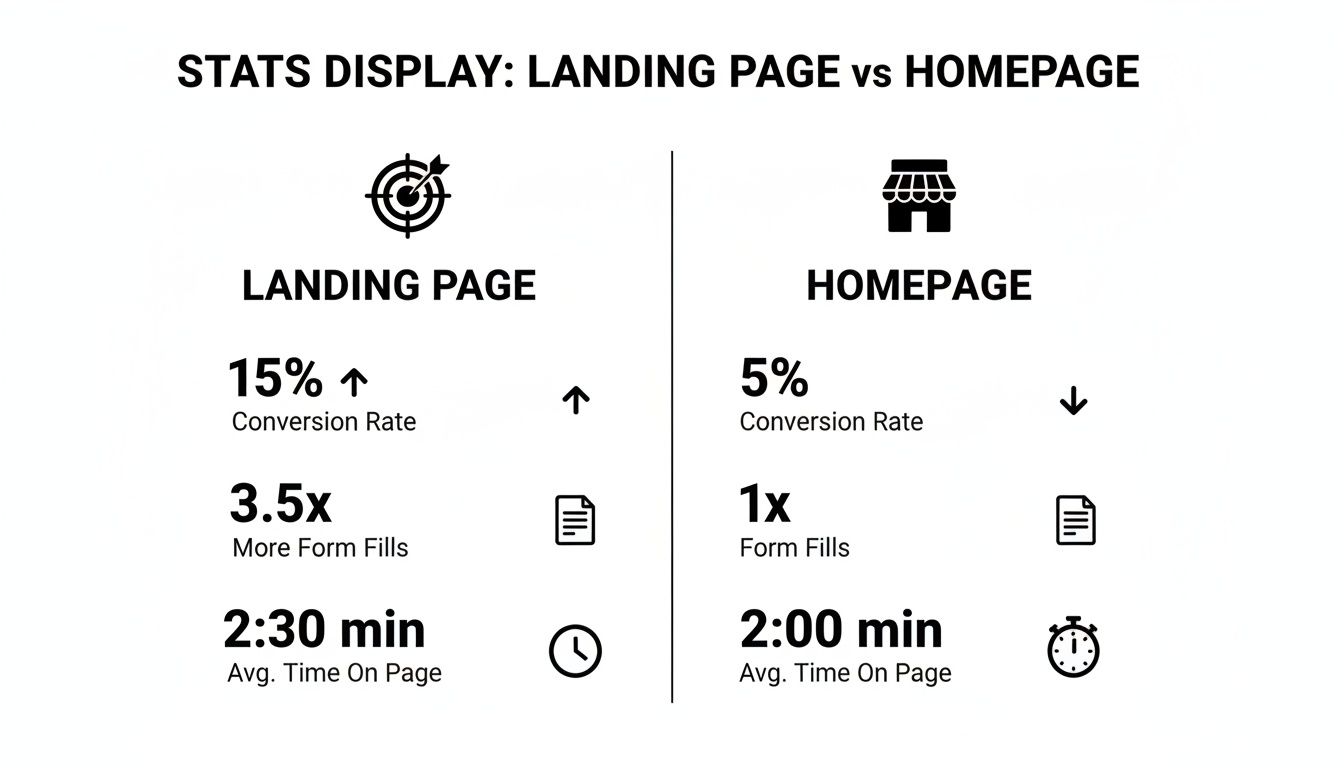 Stats display comparing landing page and homepage performance metrics for conversion and engagement.