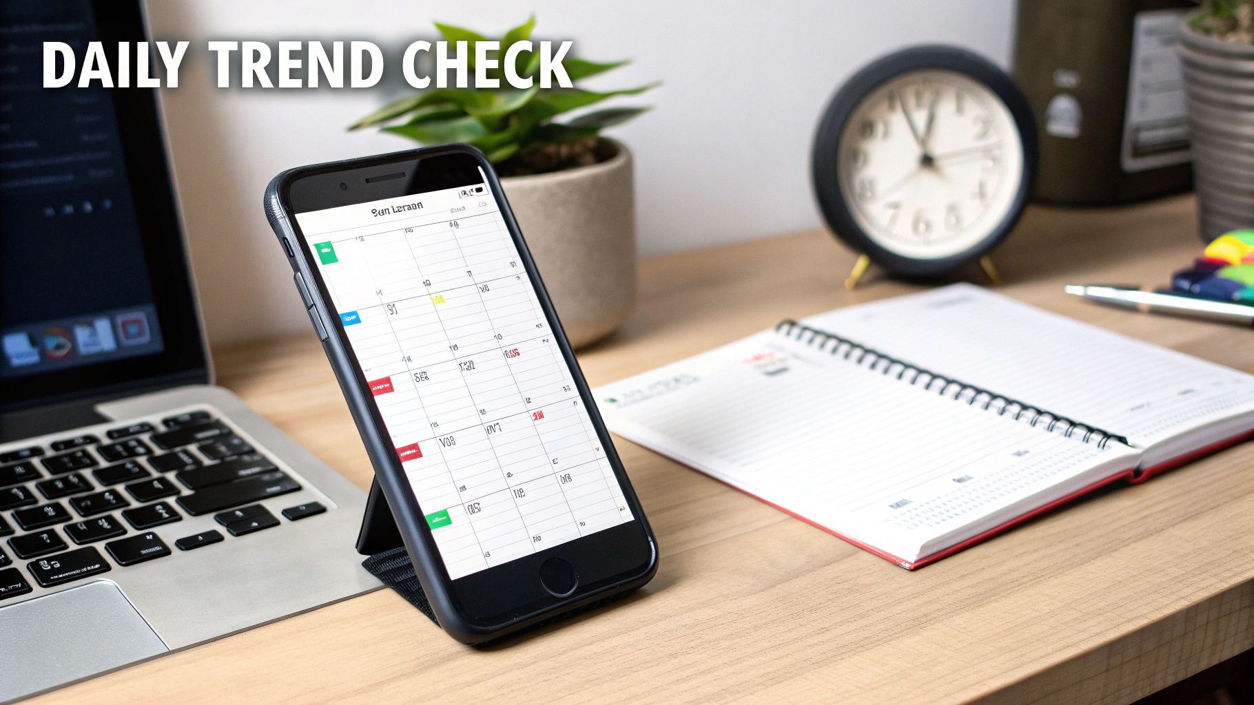 A desk setup with a laptop, smartphone displaying a calendar, clock, and notebook, labeled 'DAILY TREND CHECK'.