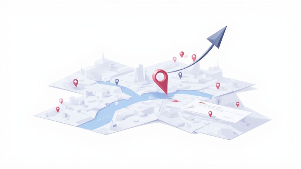 Carte stylisée d'une ville avec de nombreux repères de localisation rouges et une flèche de croissance ascendante.