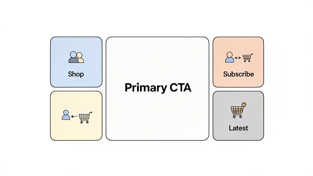 Diagram showing a 'Primary CTA' surrounded by secondary call-to-action options like Shop, Subscribe, and Latest.