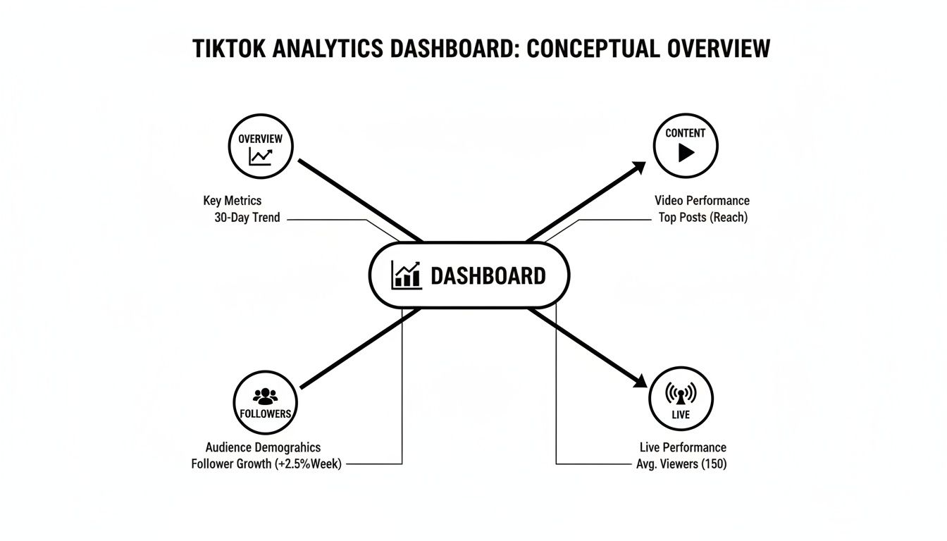A conceptual diagram of a TikTok analytics dashboard, illustrating key metrics, content, followers, and live performance.
