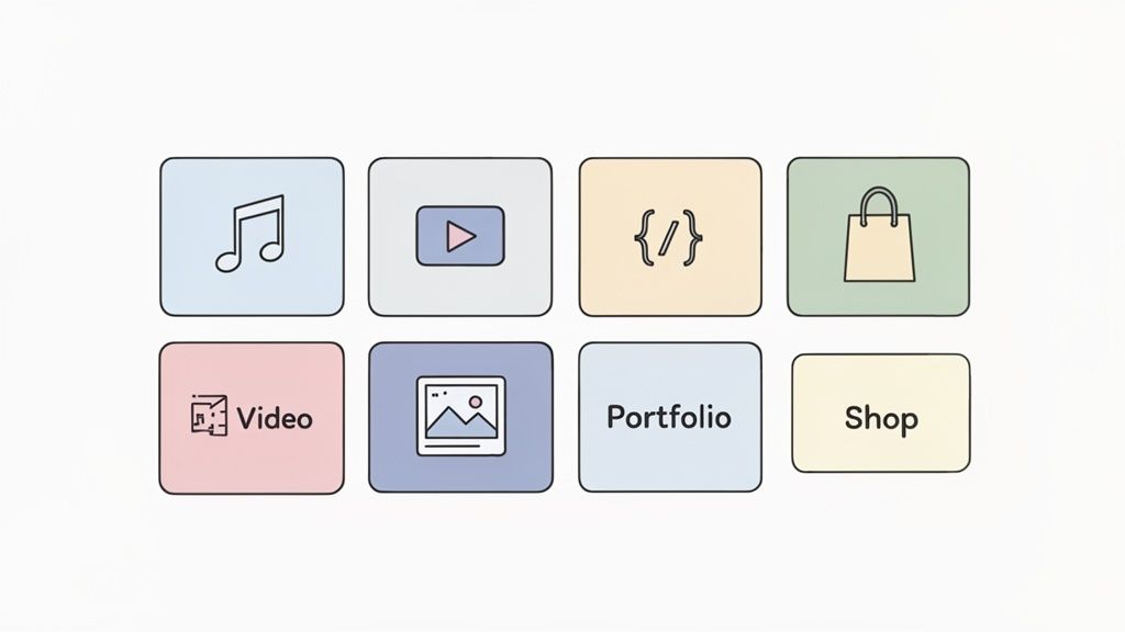 A grid of eight pastel-colored app-like icons for various content categories like music, video, code, and shop.