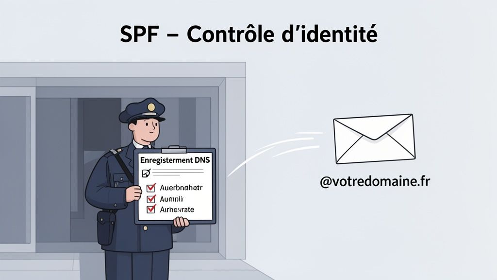 Un agent de sécurité vérifie l'identité d'un e-mail à l'aide des enregistrements DNS pour le protocole SPF.