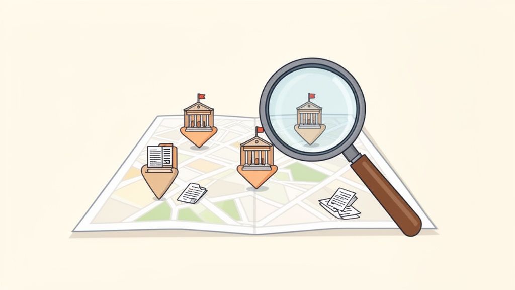 Carte avec des épingles de localisation représentant des mairies, des documents et une loupe qui zoome sur un bâtiment.