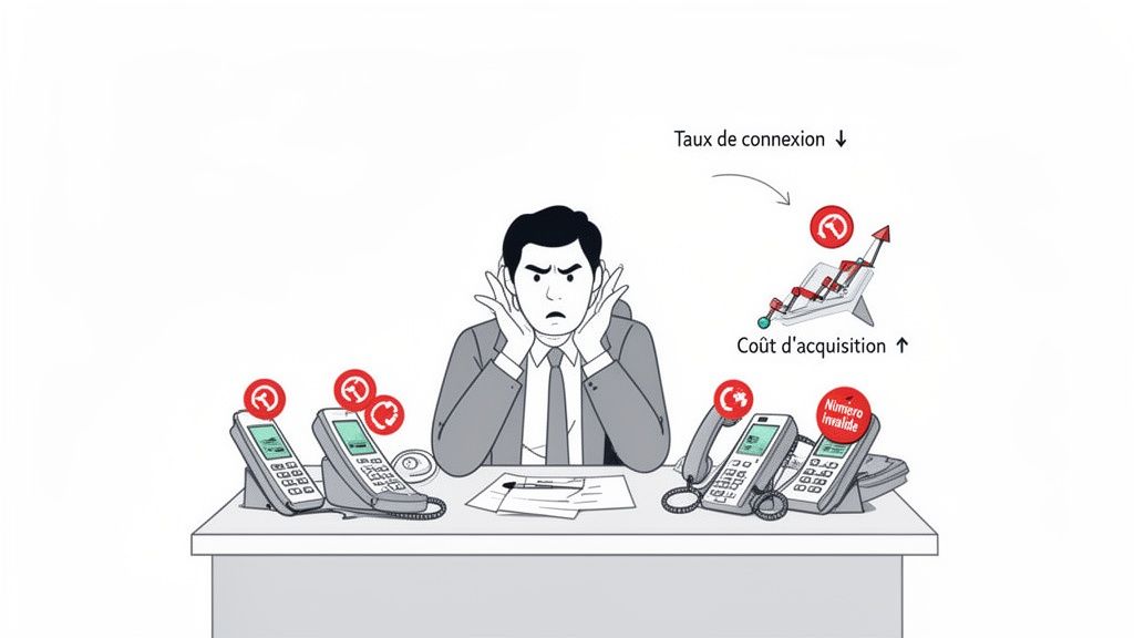 Homme stressé devant des téléphones de bureau, avec des indicateurs de faible taux de connexion et de coûts élevés.