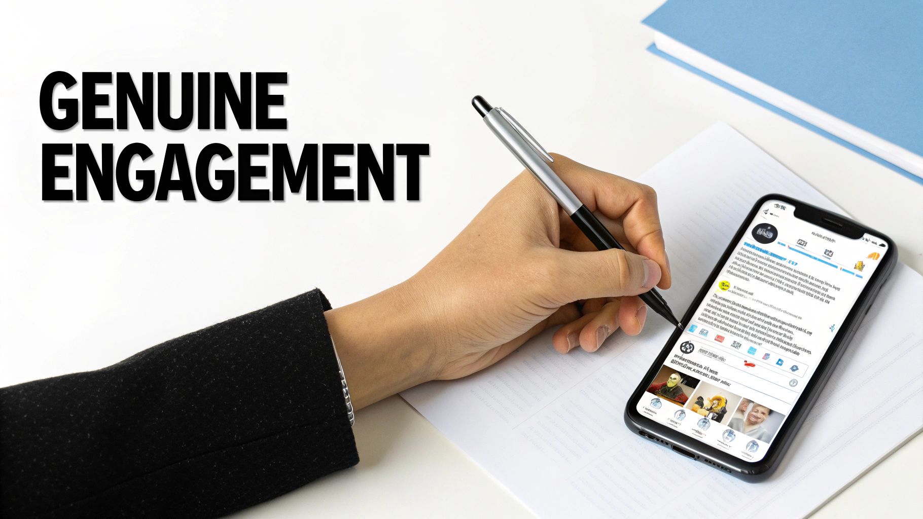 A hand holds a pen near a smartphone showing social media, with 'GENUINE ENGAGEMENT' text.