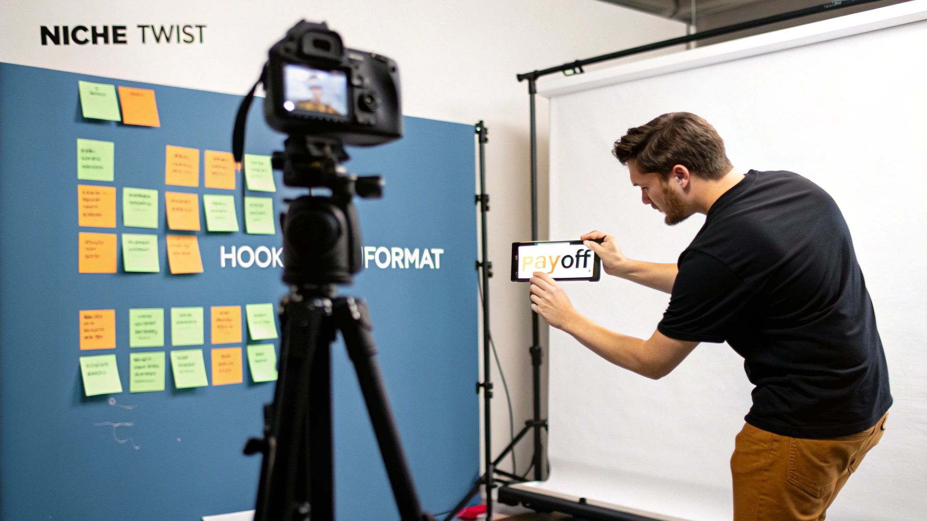 A man records a smartphone displaying 'payoff' for a video, with a camera and a board showing 'NICHE TWIST' in the background.