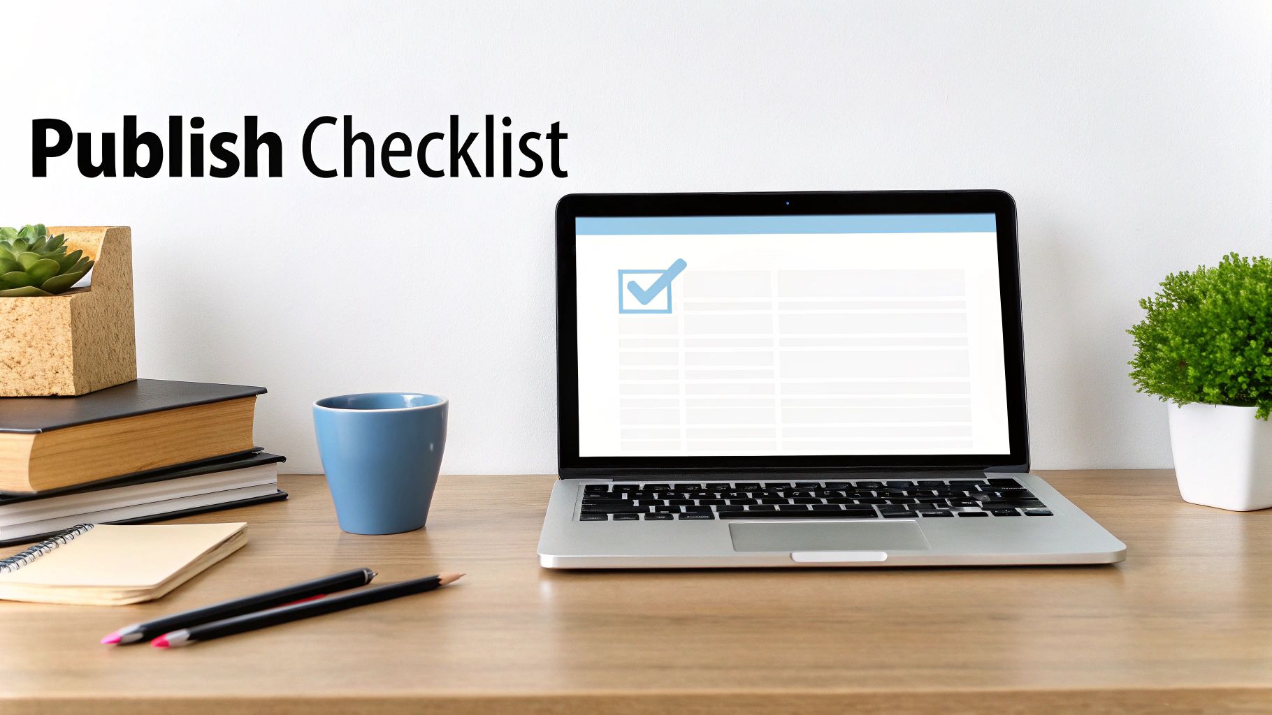 A laptop on a wooden desk showing a 'Publish Checklist' with a prominent checkmark.