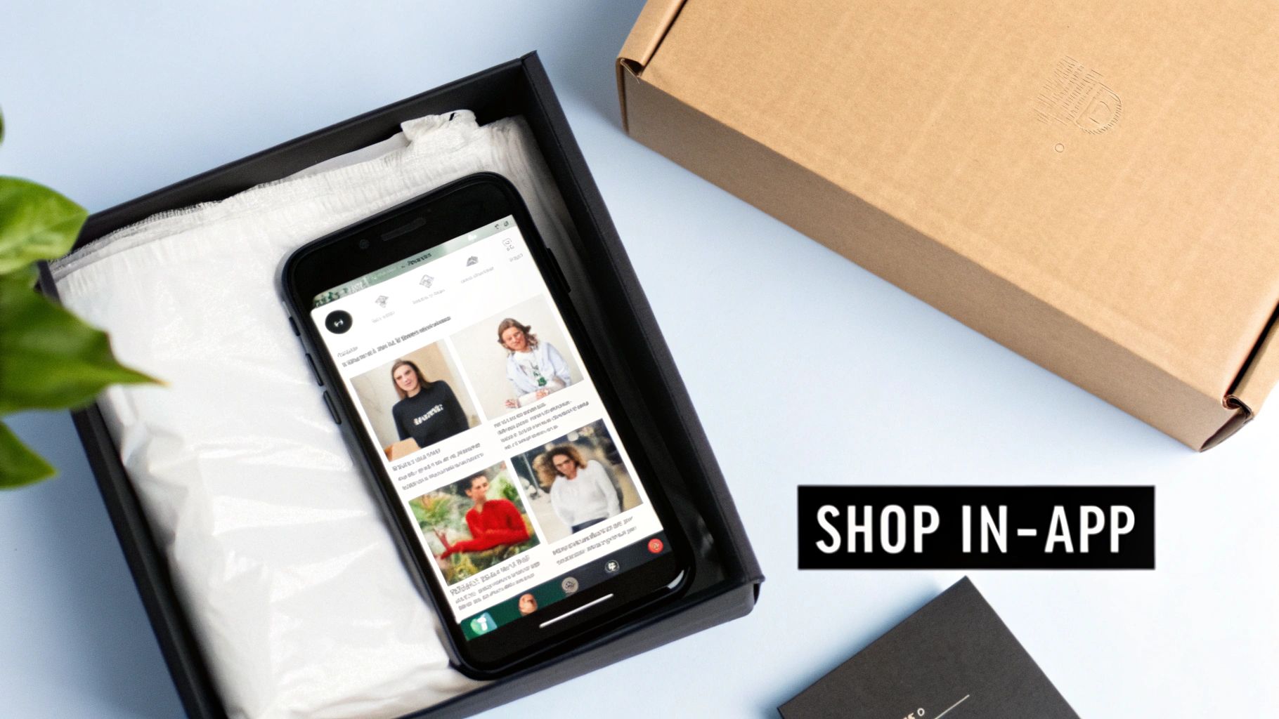 A smartphone displaying a shopping app inside a black gift box, next to a brown delivery box, with a 'SHOP IN-APP' overlay.