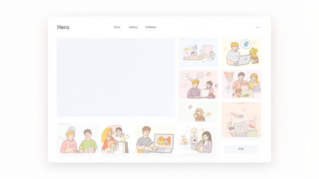 A minimalist web application interface displaying a hero section, navigation, various cartoon illustrations, and a CTA button.