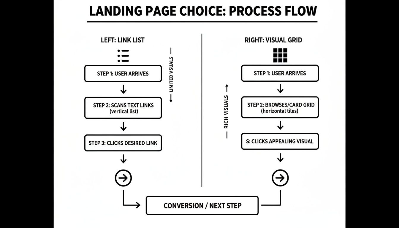 A process flow diagram comparing user experience on a link list versus visual grid landing page.