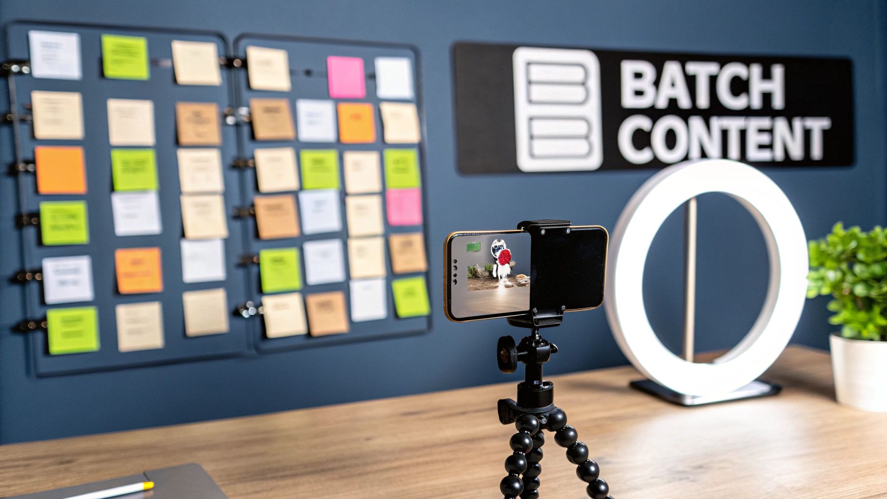 A smartphone on a tripod records a miniature scene, with a content planning board and 'Batch Content' sign in the background.